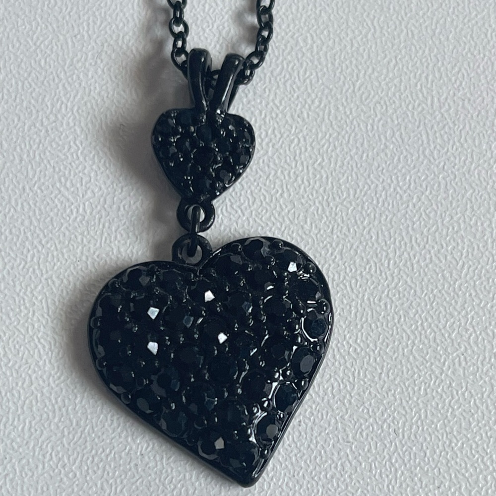 Express Black rhinestone double heart necklace.